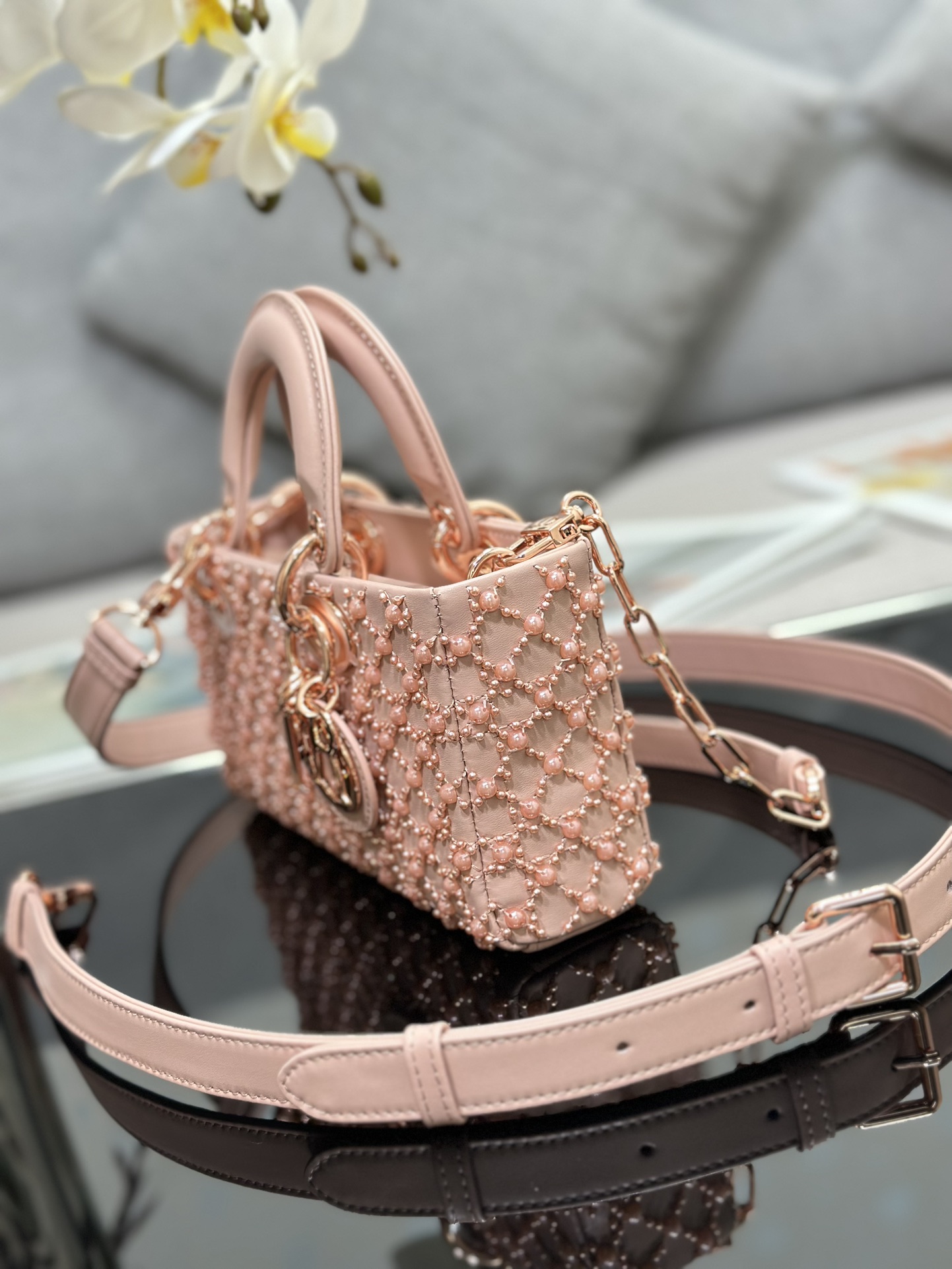 Small Lady D-Joy Bag Pink Calfskin Embroidered with Rose Gold Pearl 